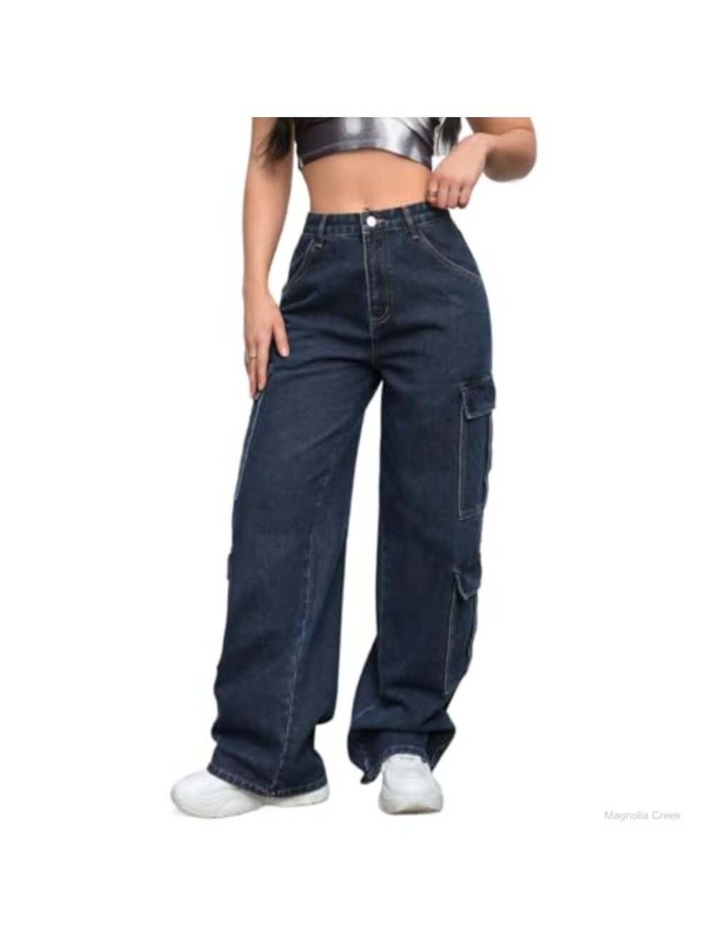 Wide Leg Cargo Jeans Mid Rise Elastic Waist Drawstring Pants